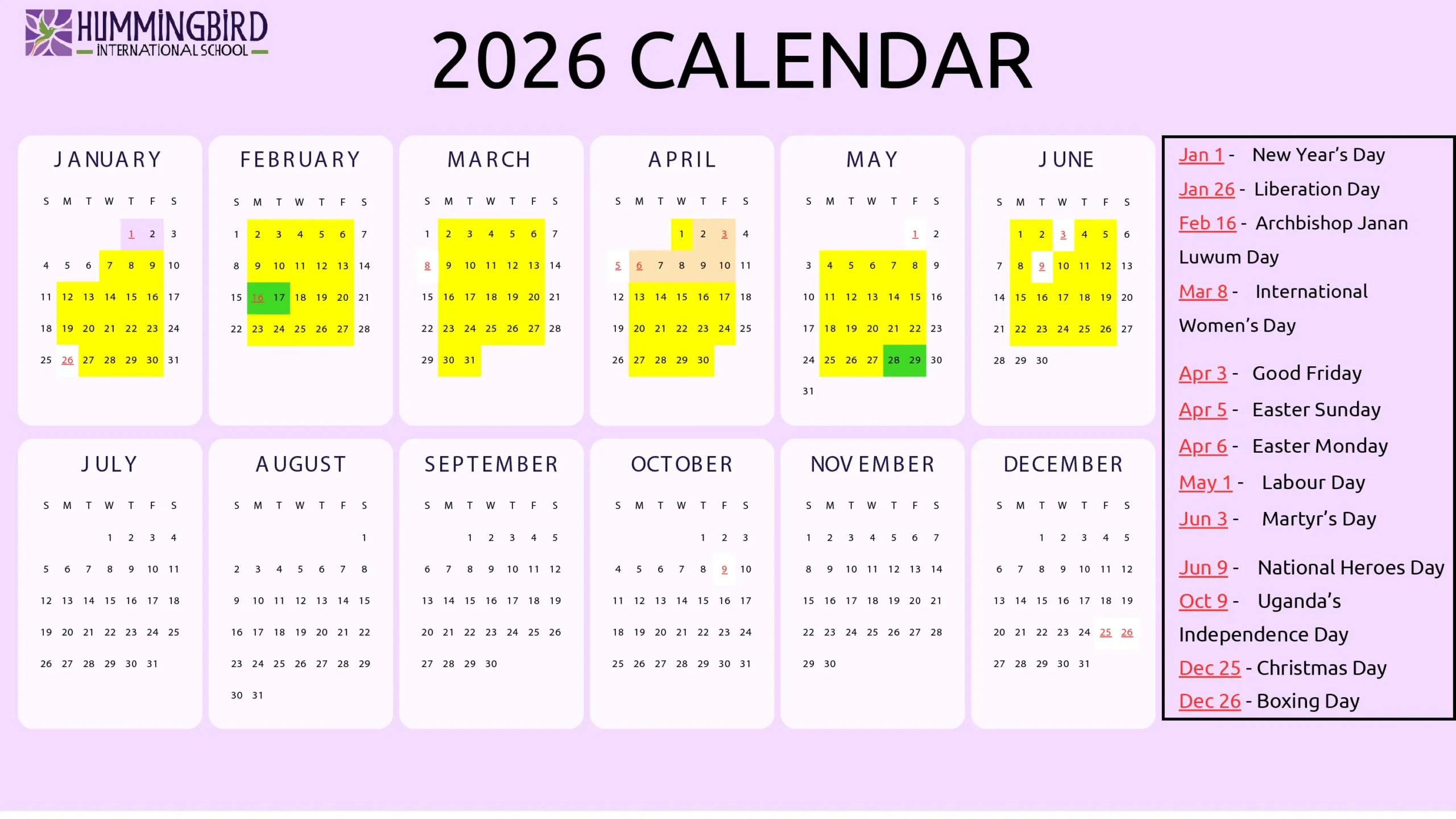 Hummingbird Calendar